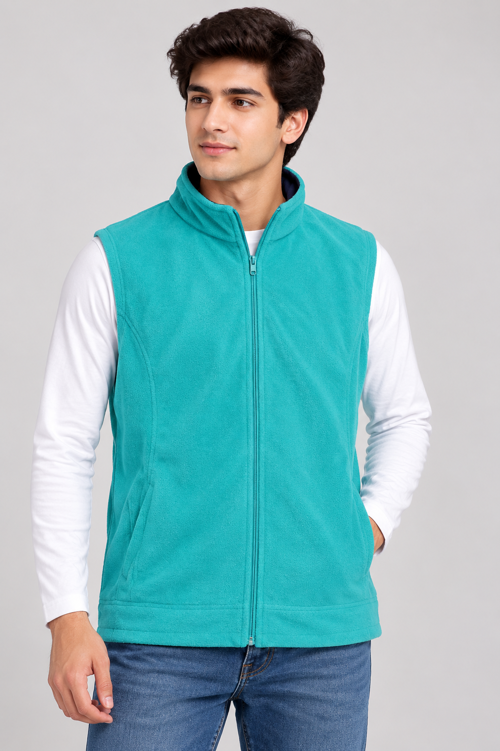  EWM Men’s Teal Fleece Gilet in UK Size L. Soft, lightweight and comfortable with a full zip and high collar—ideal for casual layering.