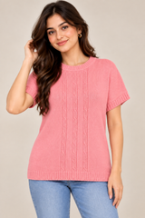 EWM Women Pink Cable Knit Short Sleeve Sweater