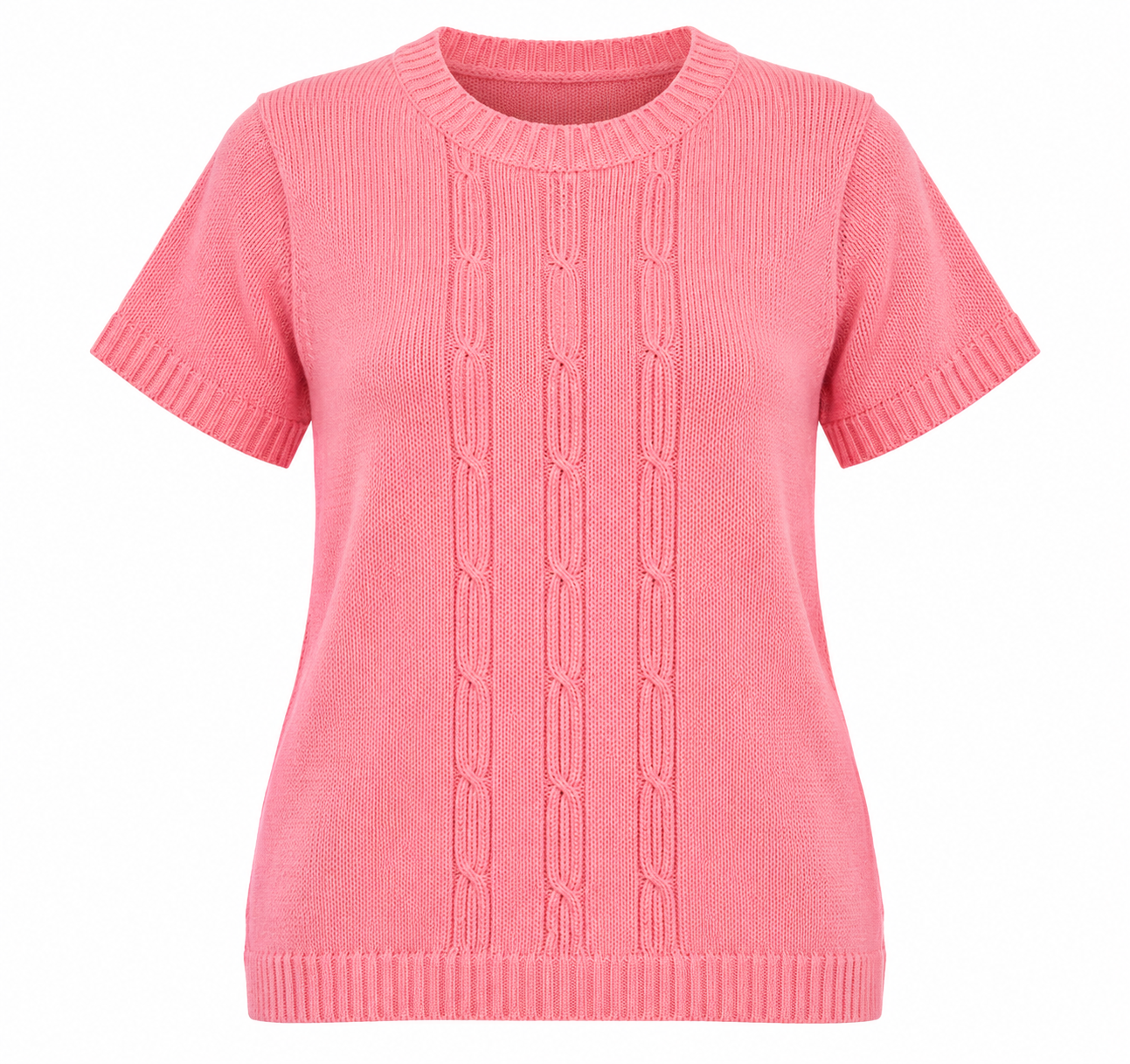 EWM Women’s Pink Cable Knit Short Sleeve Sweater in UK Size M. Features a crew neck, cable-knit detailing and straight ribbed hem. Stylish everyday knitwear.