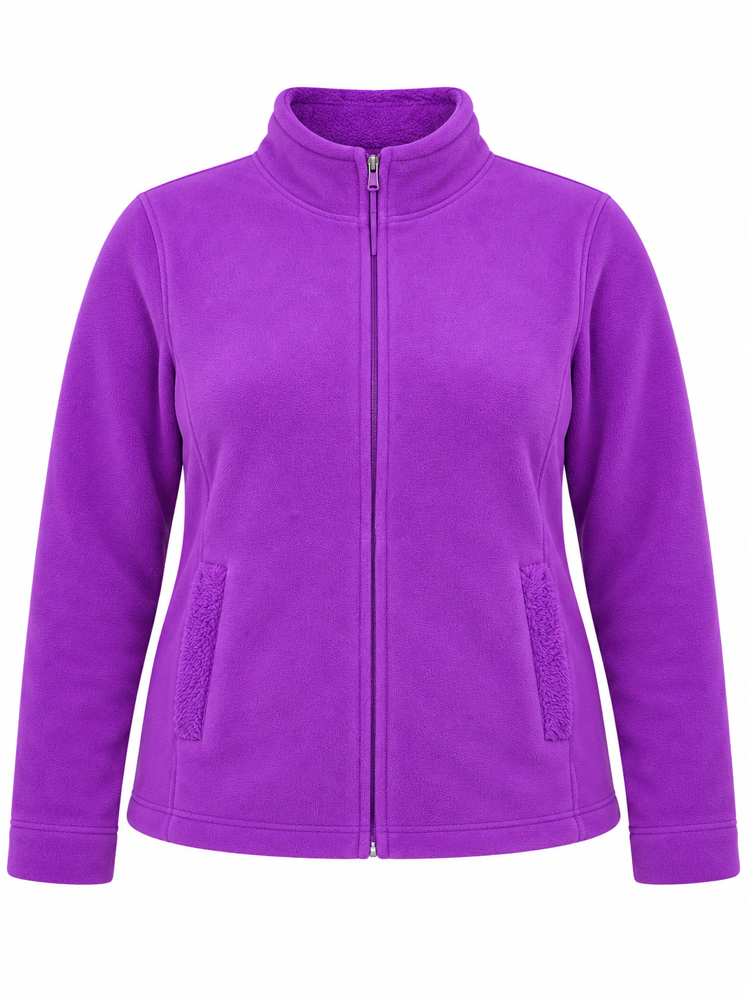 EWM Women's Purple Full Zip Fleece Jacket in UK Size 3XL. Soft, cosy plus-size fleece with front pockets, perfect for casual autumn and winter wear.