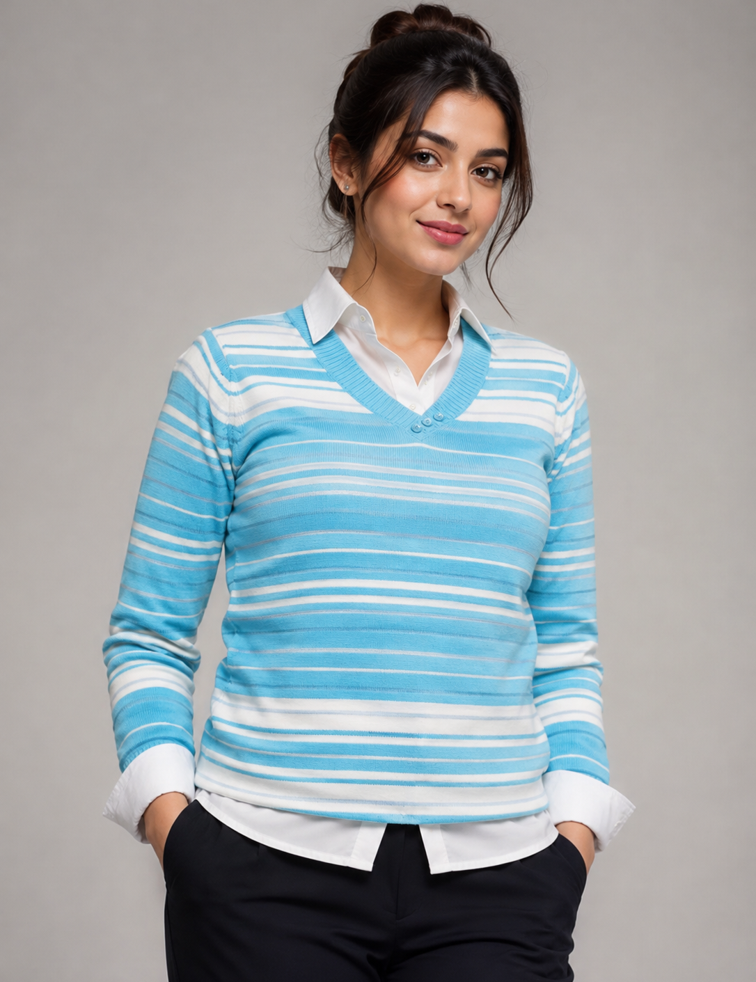 EWM women’s blue and white striped V-neck knit jumper, featuring long sleeves and button detail. UK size M, perfect for smart-casual and everyday wear.