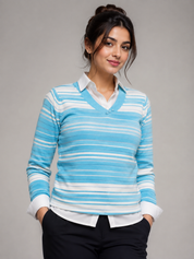 EWM women’s blue and white striped V-neck knit jumper, featuring long sleeves and button detail. UK size M, perfect for smart-casual and everyday wear.