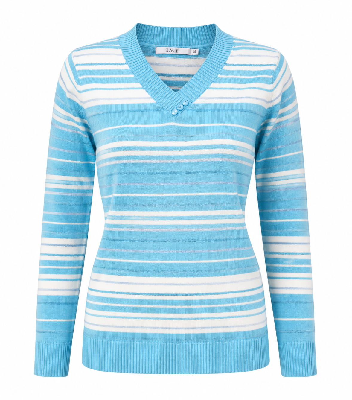 EWM women’s blue and white striped V-neck knit jumper, featuring long sleeves and button detail. UK size M, perfect for smart-casual and everyday wear.