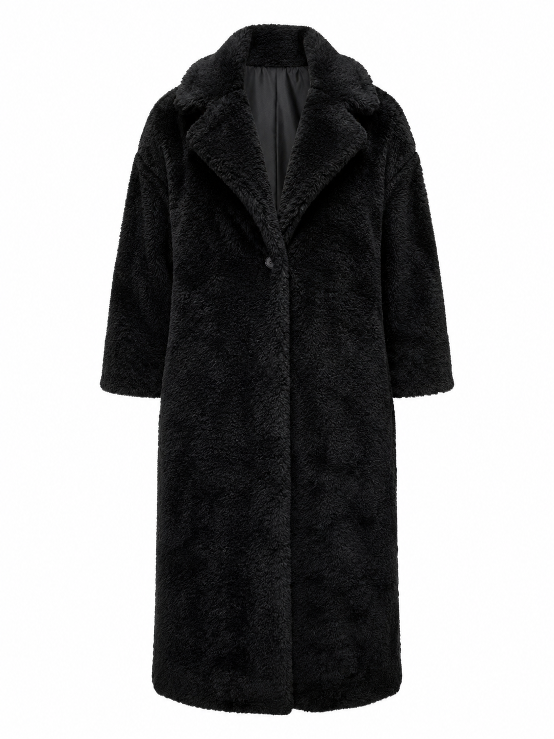 Shop F&F black faux fur long coat in UK size M. Soft, stylish and warm teddy-style winter coat with an elegant classic design.