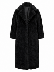 Shop F&F black faux fur long coat in UK size M. Soft, stylish and warm teddy-style winter coat with an elegant classic design.