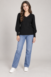   F&F black V-neck puff sleeve knit top in UK size 12. A stylish, comfortable pre-loved essential for casual and smart outfits.