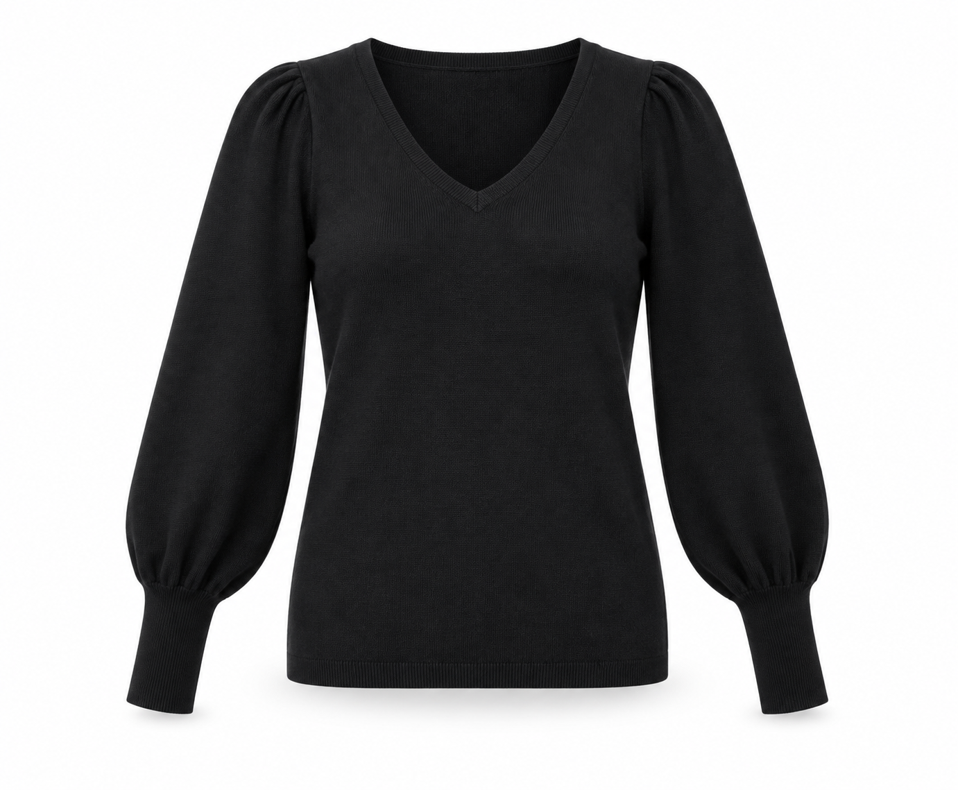  F&F black V-neck puff sleeve knit top in UK size 12. A stylish, comfortable pre-loved essential for casual and smart outfits.
