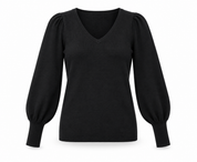   F&F black V-neck puff sleeve knit top in UK size 12. A stylish, comfortable pre-loved essential for casual and smart outfits.
