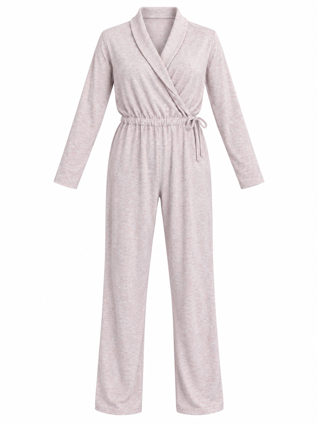   F&F blush pink marl jumpsuit in women’s UK 20–22, featuring a wrap V-neck, long sleeves and drawstring waist for relaxed everyday style.