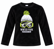  F&F boys black Winter Park fleece sweatshirt in UK size 10-11 years. Soft, warm and comfortable with a sporty snowboard graphic.
