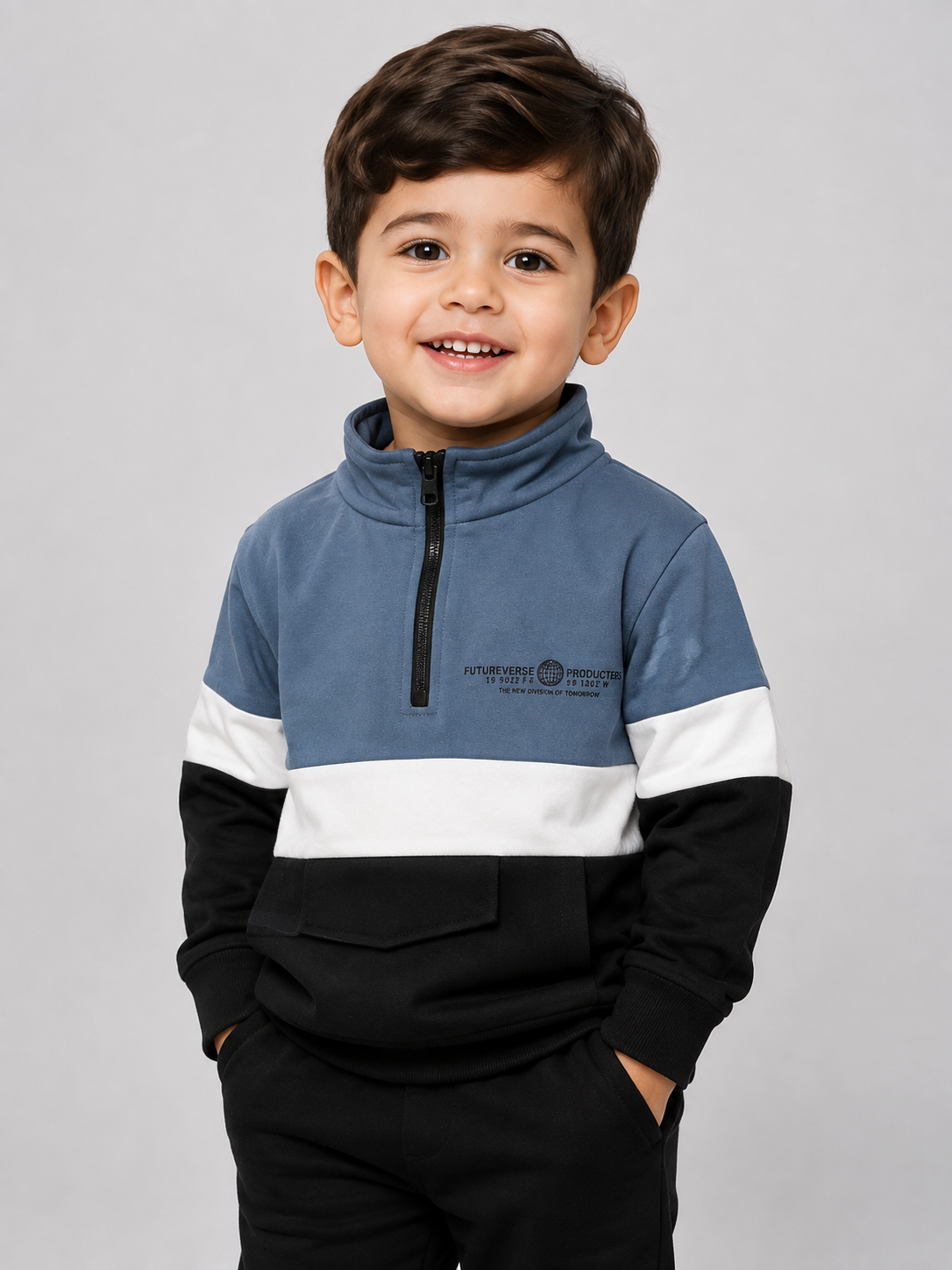   F&F boys’ colour block half-zip sweatshirt in UK size 8-9 years. Stylish blue, white and black design with high collar, zip fastening and front pocket.