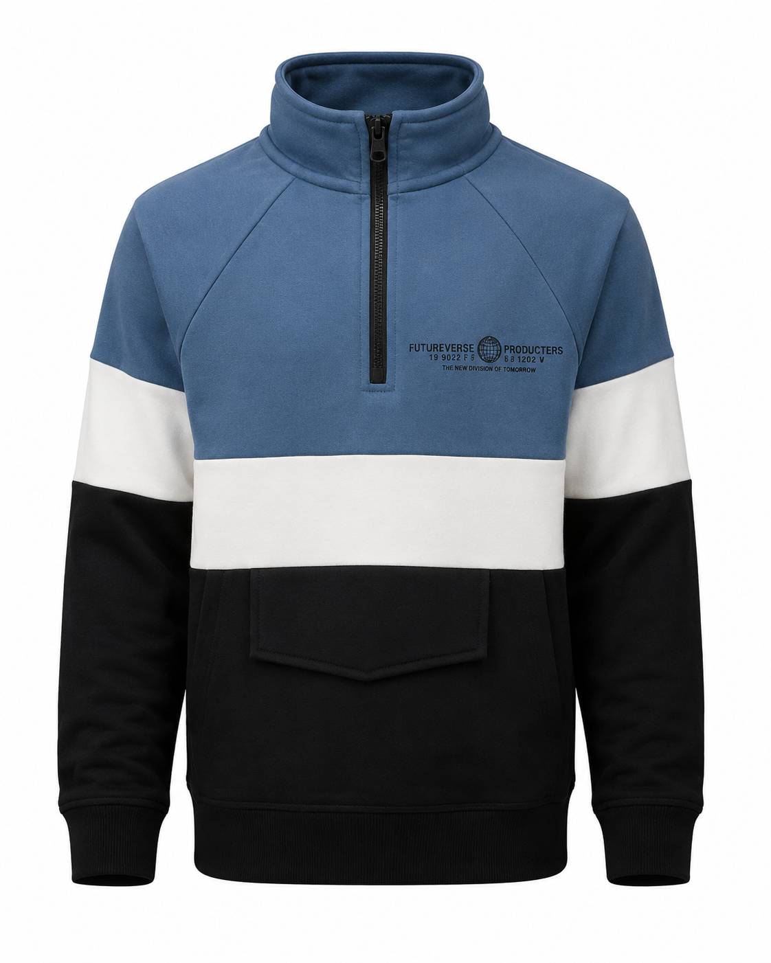 F&F boys’ colour block half-zip sweatshirt in UK size 8-9 years. Stylish blue, white and black design with high collar, zip fastening and front pocket.