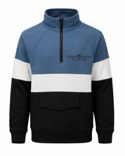 F&F boys’ colour block half-zip sweatshirt in UK size 8-9 years. Stylish blue, white and black design with high collar, zip fastening and front pocket.