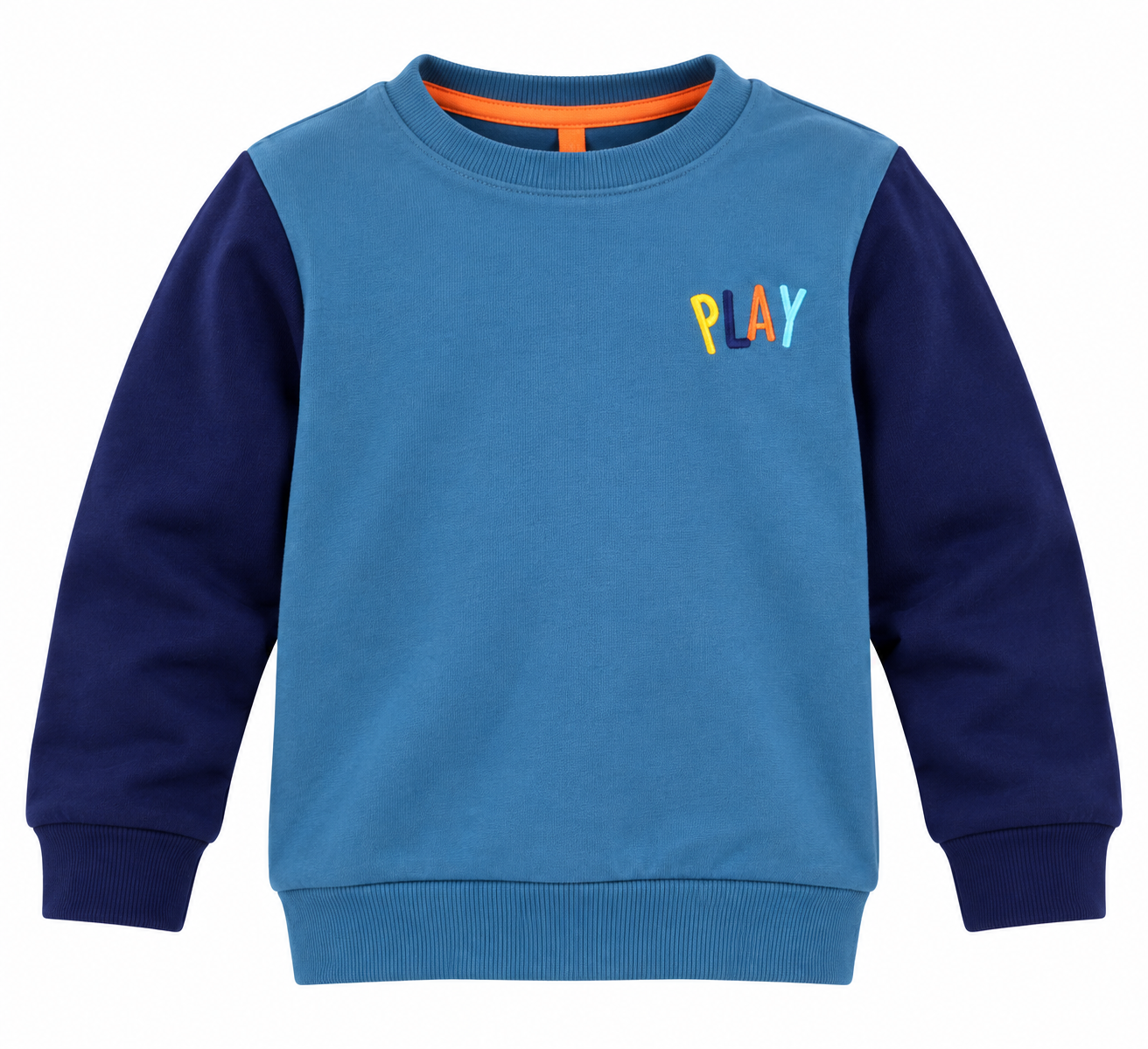  F&F Boys Colour Block PLAY Sweatshirt in UK Size 4–5 Years. Stylish blue and navy long-sleeve kids sweatshirt, perfect for everyday wear.