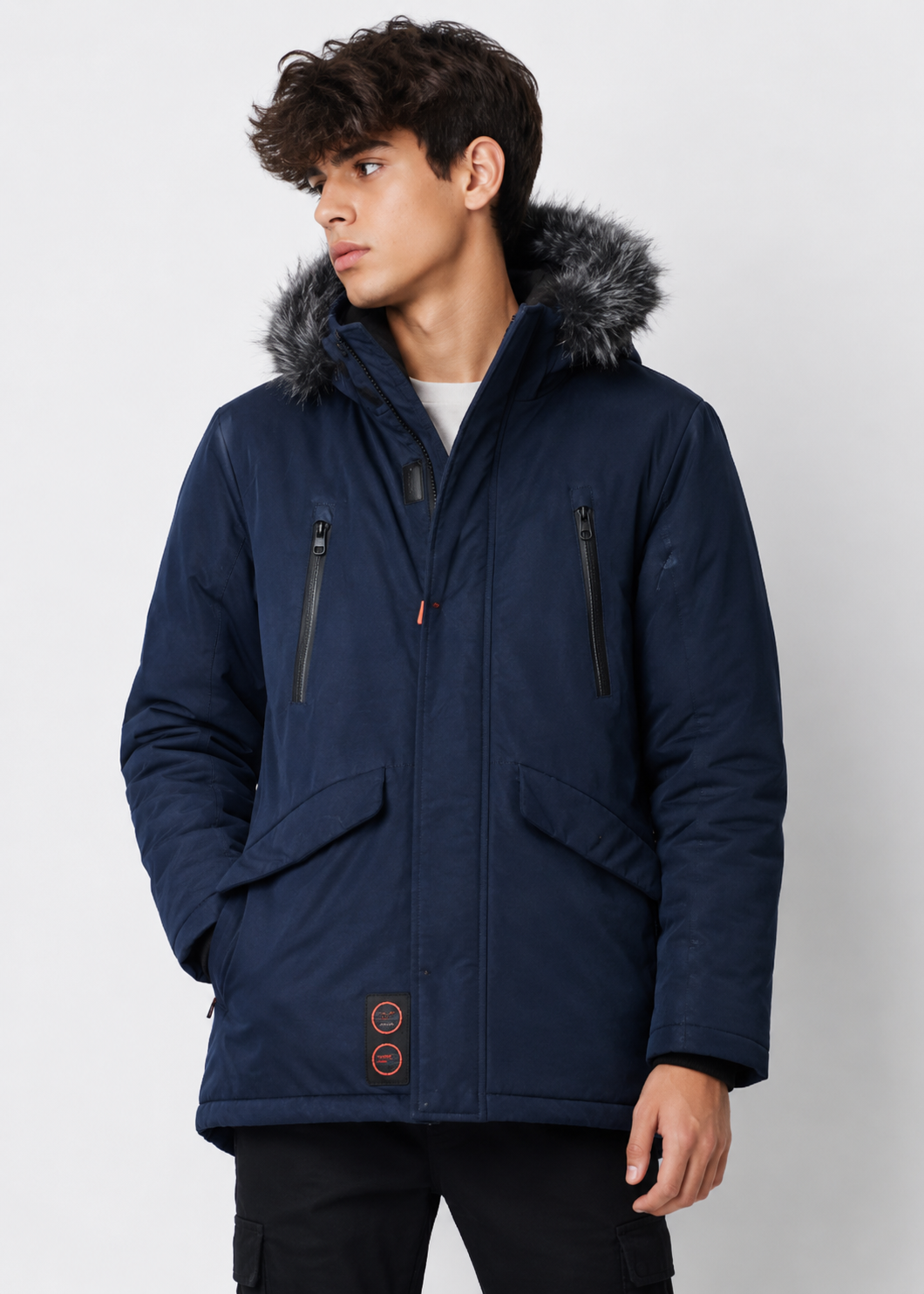  F&F Boys Navy Blue Fur Trim Hooded Winter Parka Coat in UK 13-14 Years. Warm padded winter jacket with practical pockets, stylish design and cozy hood.