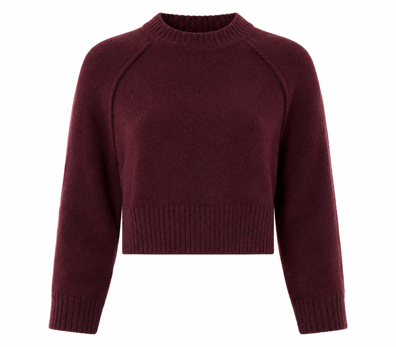 F&F Burgundy Cropped Knit Jumper in UK Size M. Featuring a soft knit texture, ribbed crew neck, long sleeves and stylish cropped fit.
