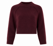F&F Burgundy Cropped Knit Jumper in UK Size M. Featuring a soft knit texture, ribbed crew neck, long sleeves and stylish cropped fit.