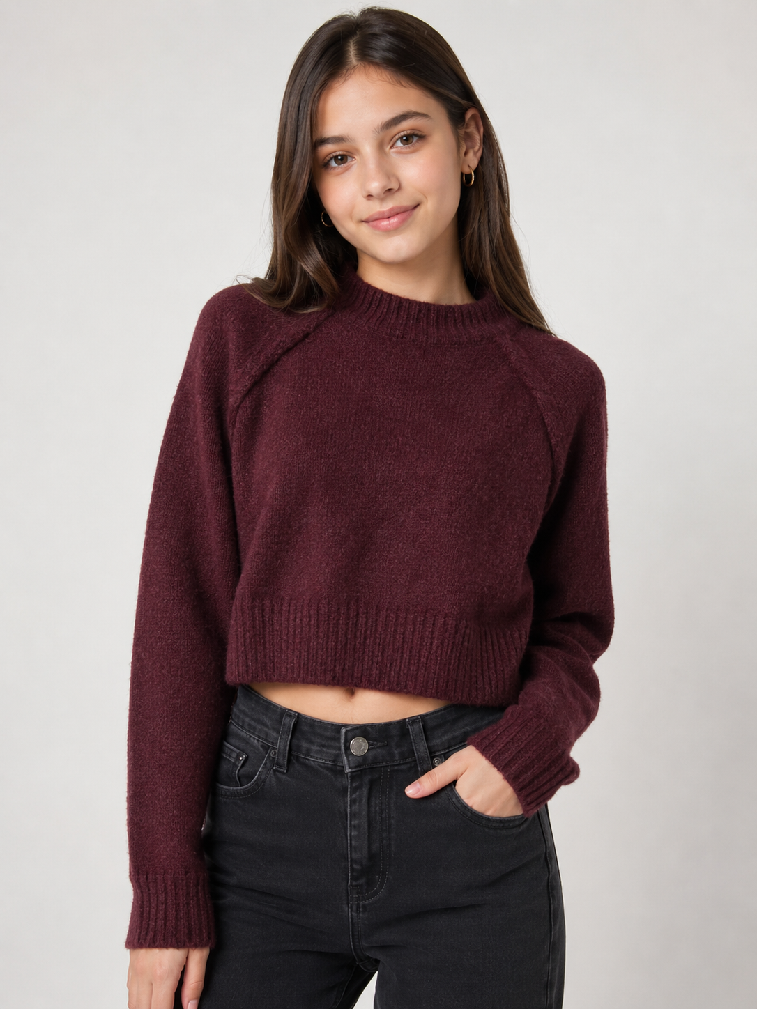 F&F Burgundy Cropped Knit Jumper in UK Size M. Featuring a soft knit texture, ribbed crew neck, long sleeves and stylish cropped fit.