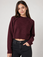 F&F Burgundy Cropped Knit Jumper in UK Size M. Featuring a soft knit texture, ribbed crew neck, long sleeves and stylish cropped fit.