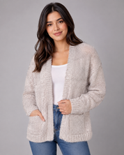 F&F cream knit cardigan in UK size 14, featuring a soft textured finish, subtle sparkle, long sleeves and practical front pockets. Perfect for cosy everyday layering.