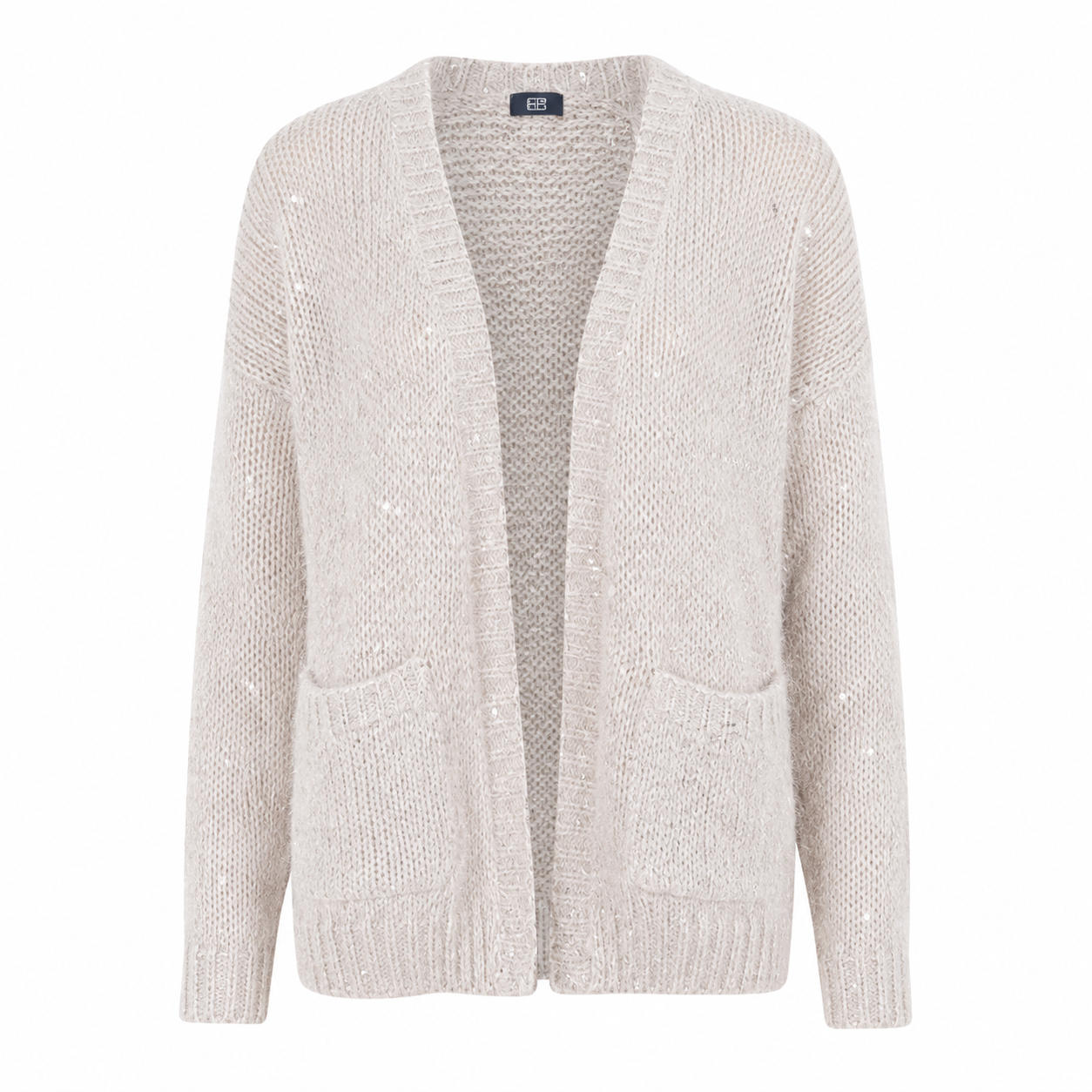 F&F cream knit cardigan in UK size 14, featuring a soft textured finish, subtle sparkle, long sleeves and practical front pockets. Perfect for cosy everyday layering.
