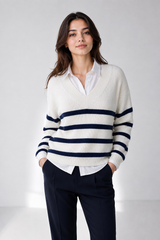 F&F Cream & Navy Blue Striped V-Neck Knitted Jumper