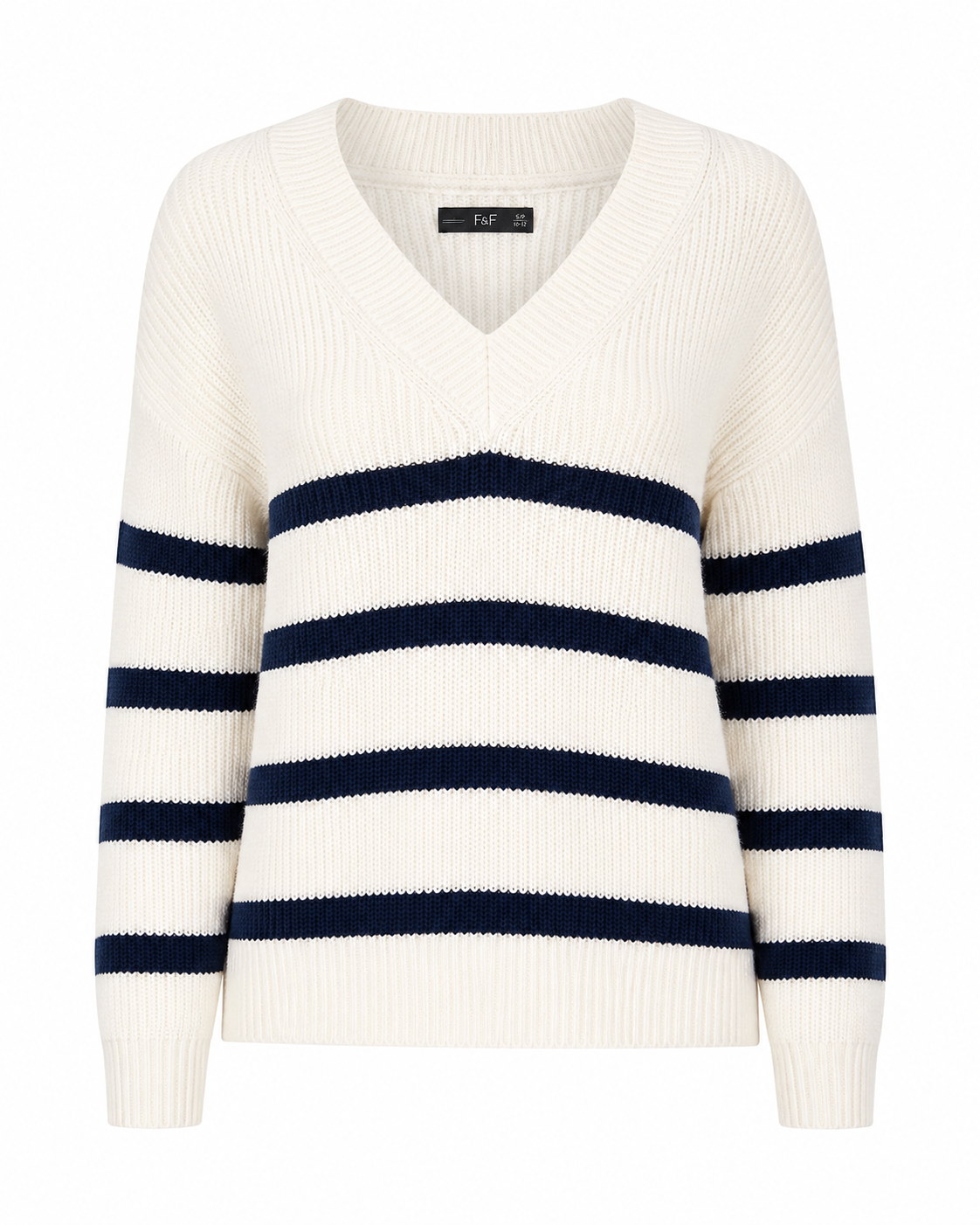 F&F cream and navy blue striped knitted jumper in UK size 8. Stylish V-neck design, long sleeves and versatile smart-casual appeal.