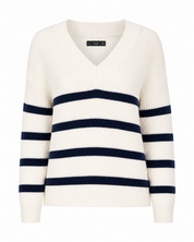 F&F cream and navy blue striped knitted jumper in UK size 8. Stylish V-neck design, long sleeves and versatile smart-casual appeal.