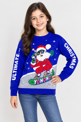 F&F Girl Christmas Jumper Blue Santa Snowboard Knitted Sweater