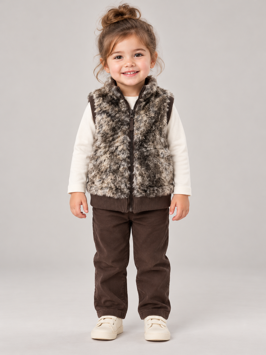 F&F girls’ grey-brown faux fur gilet, age 2–3 years. A cosy sleeveless layer with zip fastening, front pockets and ribbed trims.