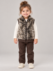 F&F girls’ grey-brown faux fur gilet, age 2–3 years. A cosy sleeveless layer with zip fastening, front pockets and ribbed trims.