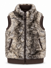  F&F girls’ grey-brown faux fur gilet, age 2–3 years. A cosy sleeveless layer with zip fastening, front pockets and ribbed trims.