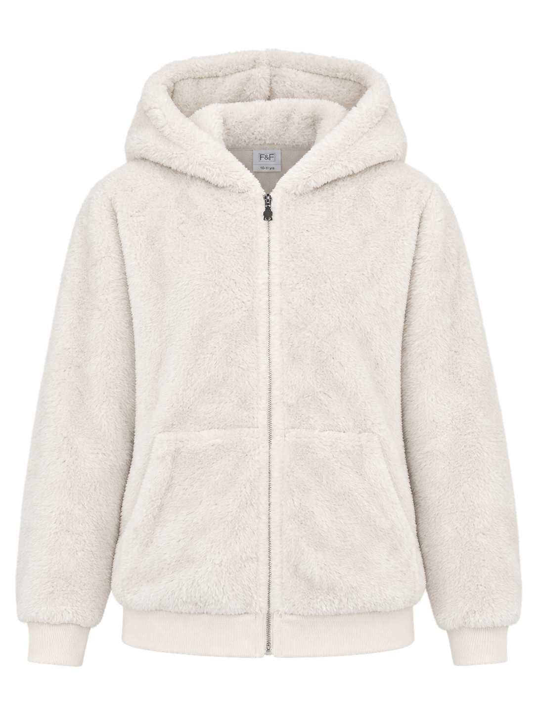  F&F Girls Ivory Fleece Hooded Zip-Up Jacket in UK Size 10–11 Years. Soft, warm and comfortable design with full zip fastening and hood. Rated 4/5.
