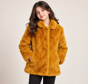   F&F girls' mustard faux fur teddy coat in UK size 11–12 years. Soft, cosy and stylish winter outerwear for everyday cold-weather outfits.