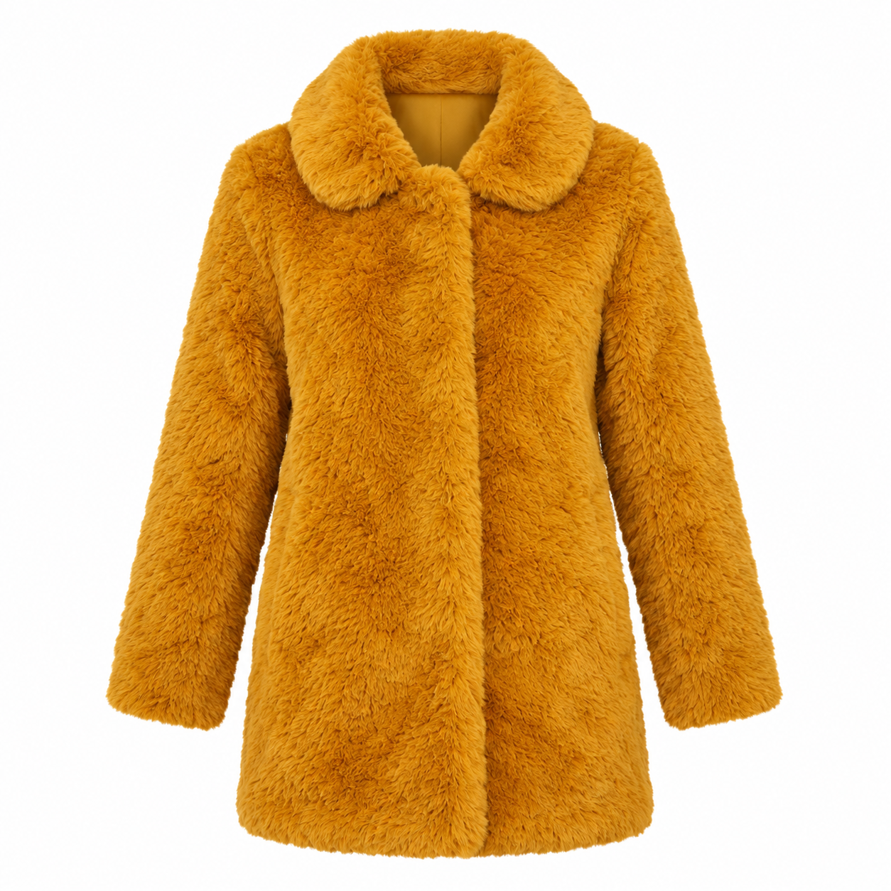   F&F girls' mustard faux fur teddy coat in UK size 11–12 years. Soft, cosy and stylish winter outerwear for everyday cold-weather outfits.