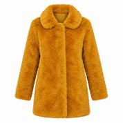   F&F girls' mustard faux fur teddy coat in UK size 11–12 years. Soft, cosy and stylish winter outerwear for everyday cold-weather outfits.