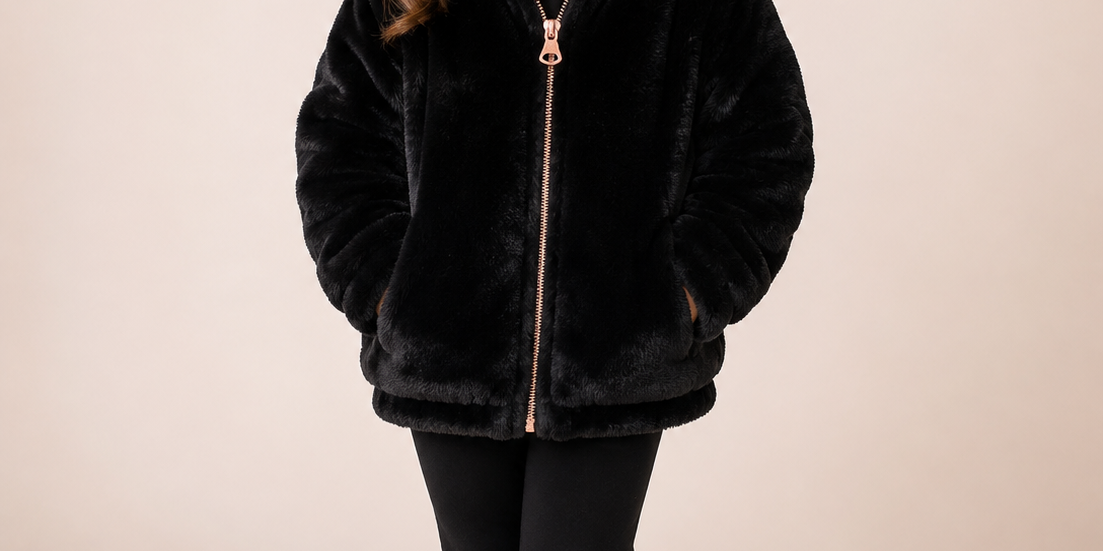  F&F Girls Black Faux Fur Hooded Jacket for ages 3–4 years. Soft, warm, and stylish with a full zip closure and cozy hood—perfect for autumn and winter wear.