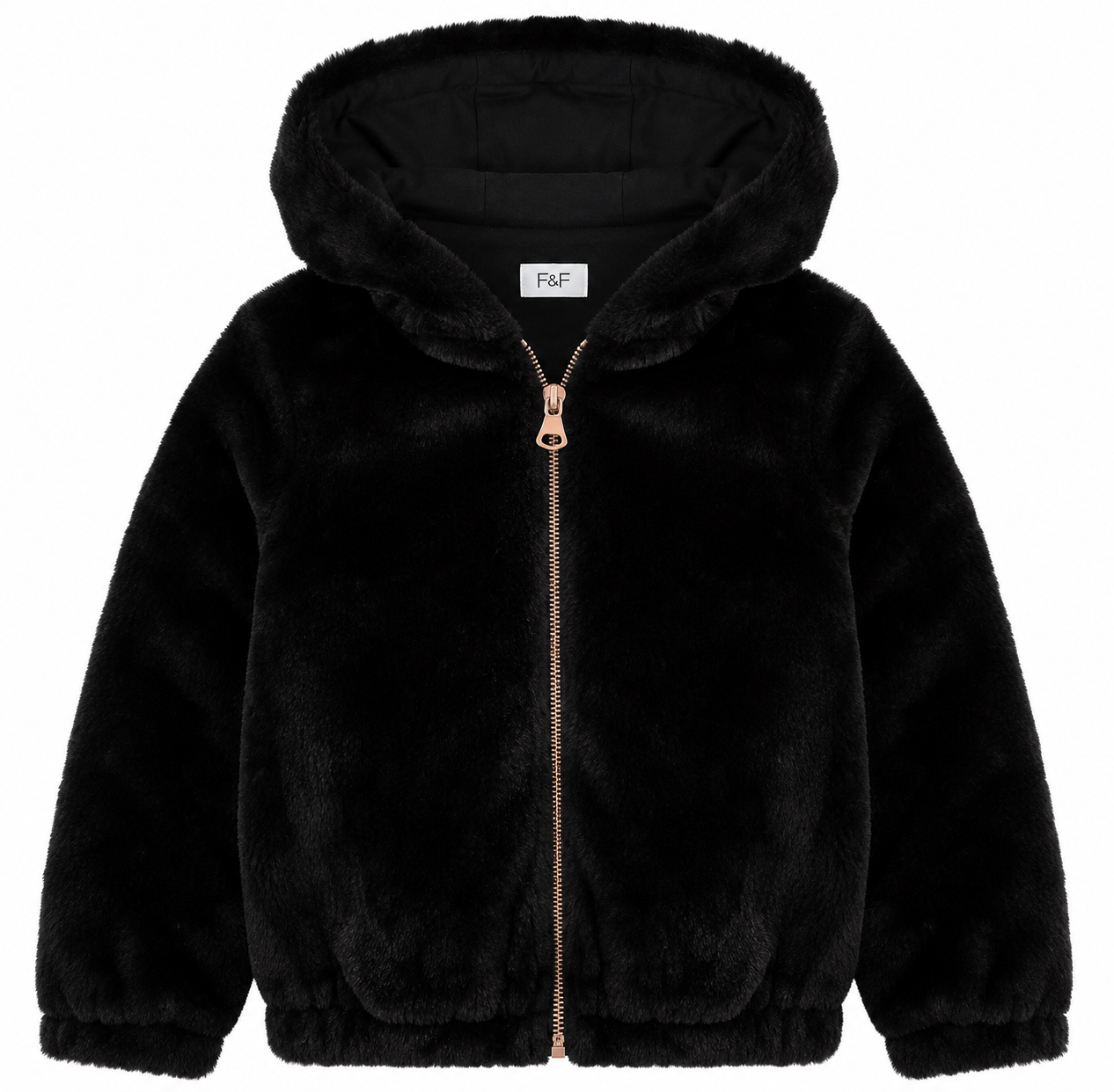  F&F Girls Black Faux Fur Hooded Jacket for ages 3–4 years. Soft, warm, and stylish with a full zip closure and cozy hood—perfect for autumn and winter wear.