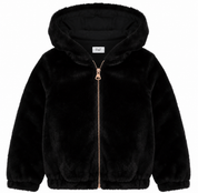  F&F Girls Black Faux Fur Hooded Jacket for ages 3–4 years. Soft, warm, and stylish with a full zip closure and cozy hood—perfect for autumn and winter wear.