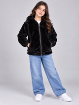 F&F Girls Black Faux Fur Hooded Zip-Up Jacket