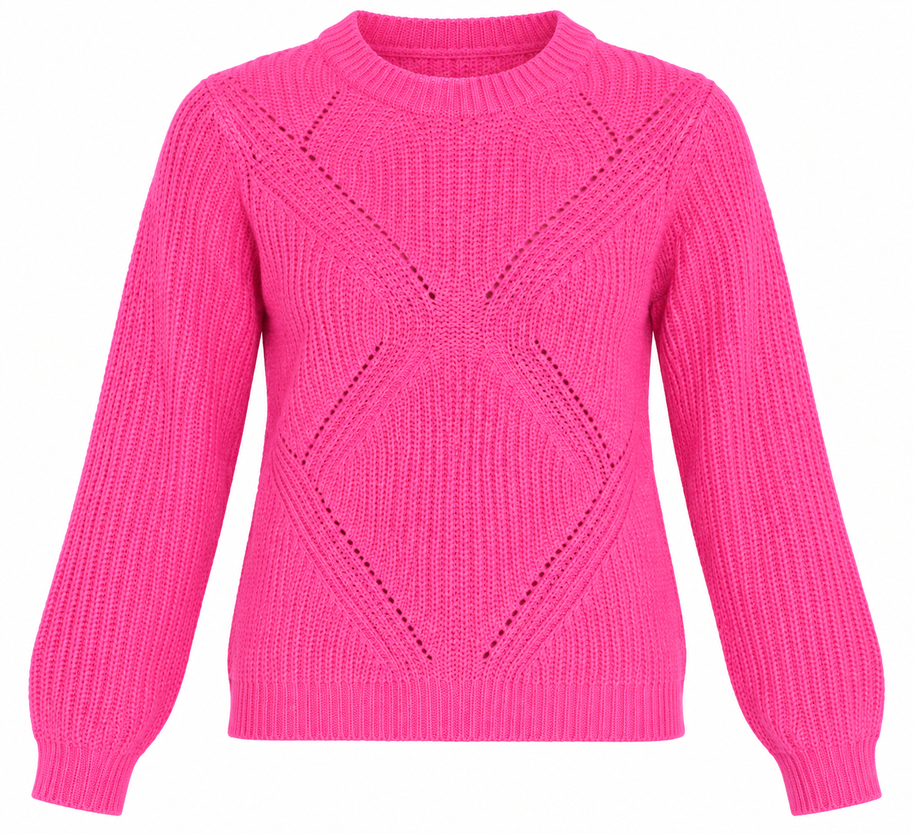  F&F Girls Bright Pink Textured Knit Jumper in UK Size 12–13 Years. Stylish geometric knit design with long sleeves, ideal for cosy everyday wear.