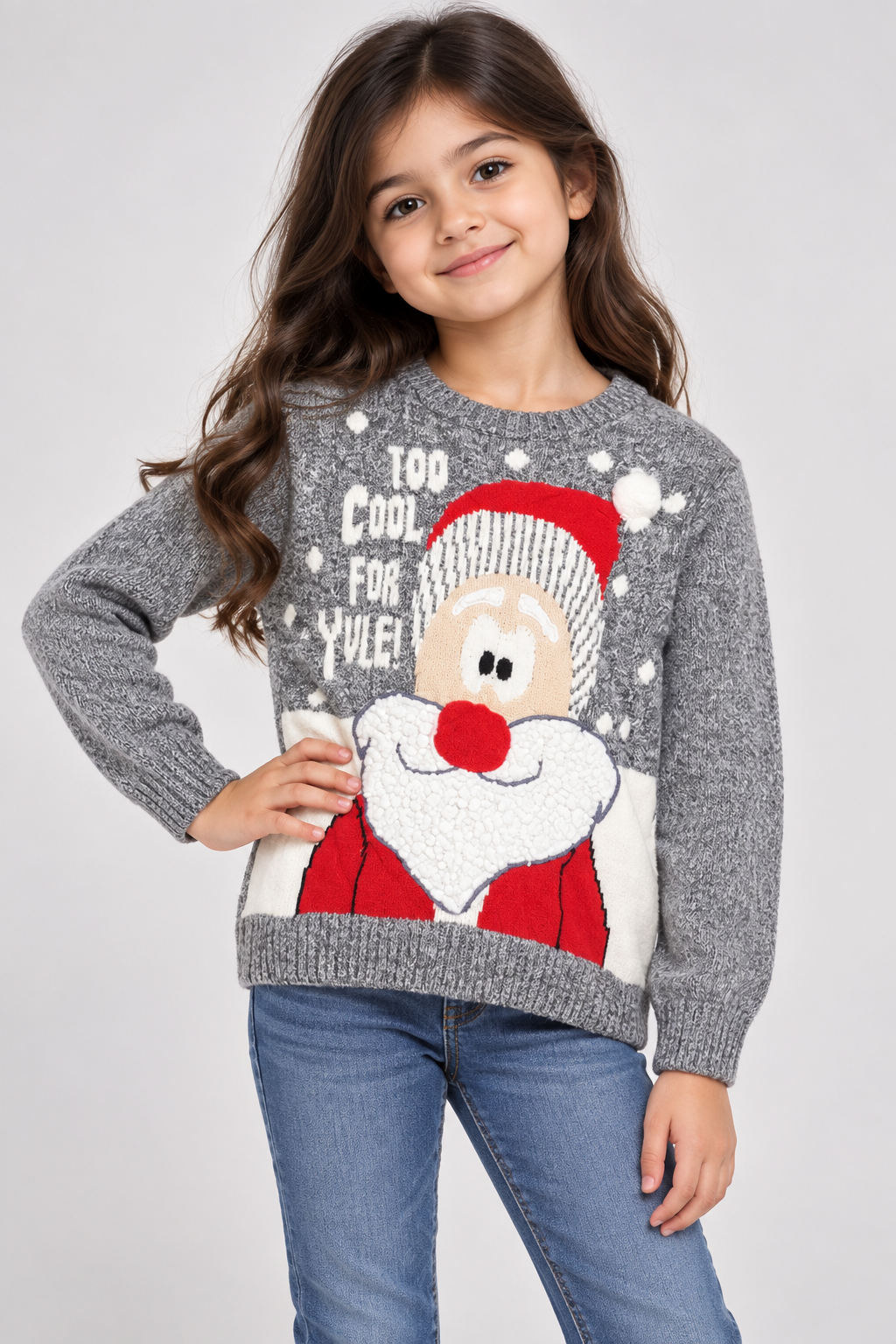 F&F Girls Christmas Santa Jumper in UK Size 6–7 Years. Grey festive knit with colourful Santa design, perfect for winter and Christmas wear.