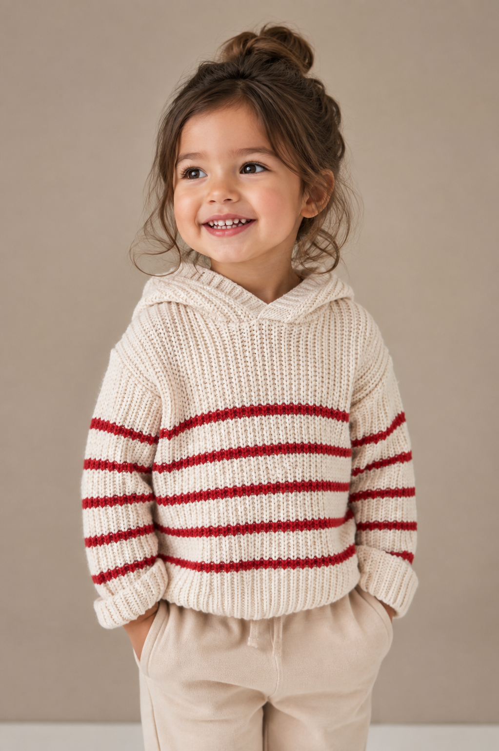 F&F Girls Cream & Red Striped Knitted Hooded Jumper in UK 3–4 Years. Cozy knit, stylish stripes, hooded design and perfect for everyday winter wear.