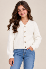 F&F Girls Cream Ribbed Knit Button Cardigan