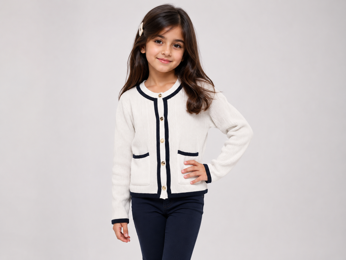 F&F Girls Cream Ribbed Knit Cardigan in UK Size S, featuring navy trim, gold-tone buttons and front pockets. Stylish and versatile for everyday wear.