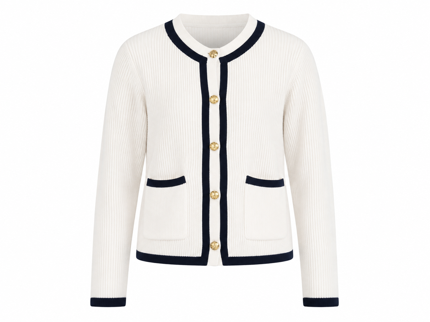 SF&F Girls Cream Ribbed Knit Cardigan in UK Size S, featuring navy trim, gold-tone buttons and front pockets. Stylish and versatile for everyday wear.
