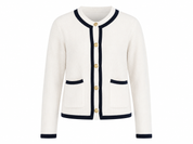 SF&F Girls Cream Ribbed Knit Cardigan in UK Size S, featuring navy trim, gold-tone buttons and front pockets. Stylish and versatile for everyday wear.