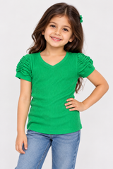 F&F Girls Green Ribbed Ruched Sleeve V-Neck Top