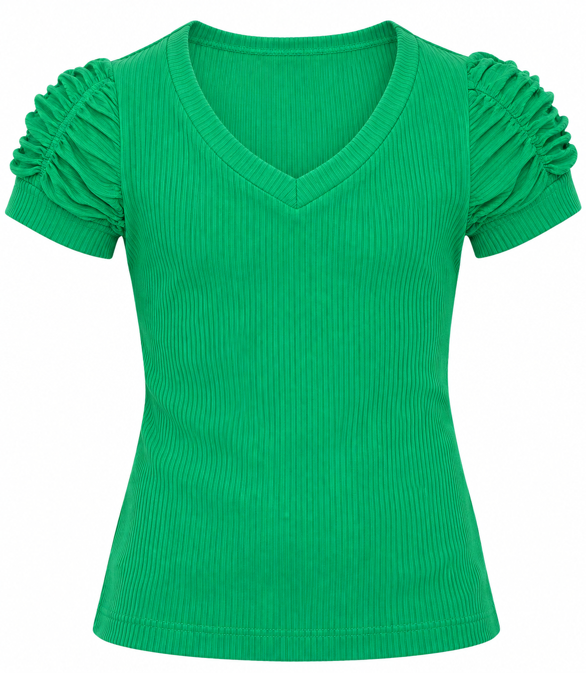  F&F Girls Green Ribbed V-Neck ShopTop in UK Size 12. Stylish ruched short sleeves and a vibrant green finish, ideal for casual everyday wear.
