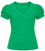  F&F Girls Green Ribbed V-Neck ShopTop in UK Size 12. Stylish ruched short sleeves and a vibrant green finish, ideal for casual everyday wear.